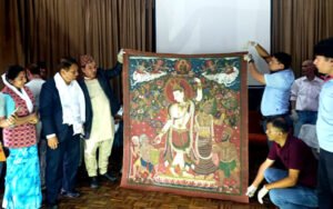 Nepal's Deputy Prime Minister and Minister for Urban Development, Prakash Man Singh, attends the display of "Chintamani Lokeshwar," a 300-year-old ancient artifact. Repatriated from the United States and temporarily held at the National Museum, it was today handed over to the Keshachandra Mahavihar Conservation Society in Itumbahal. This artifact, stolen in 1980, returned to Nepal last February. Photo: Narayan Dhungana/RSS