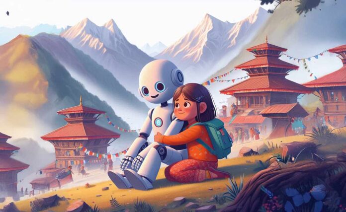 A Nepali girl with AI Robot Animated-characters